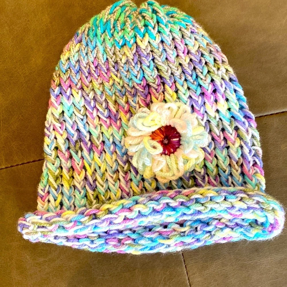 Hand Crafted Knit Hat with a Flower OS